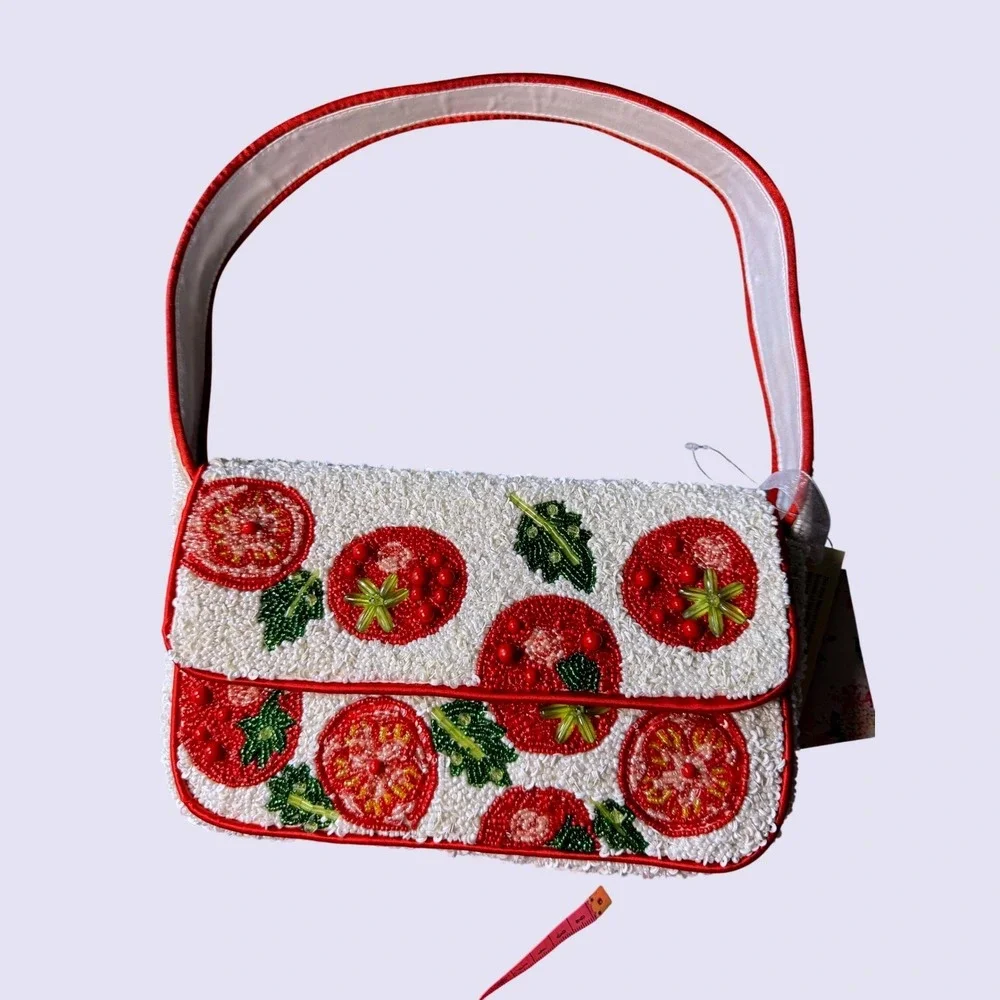 Handcrafted Beaded Tomato Shoulder Bag White Red Sequin Fruit Motif NWT